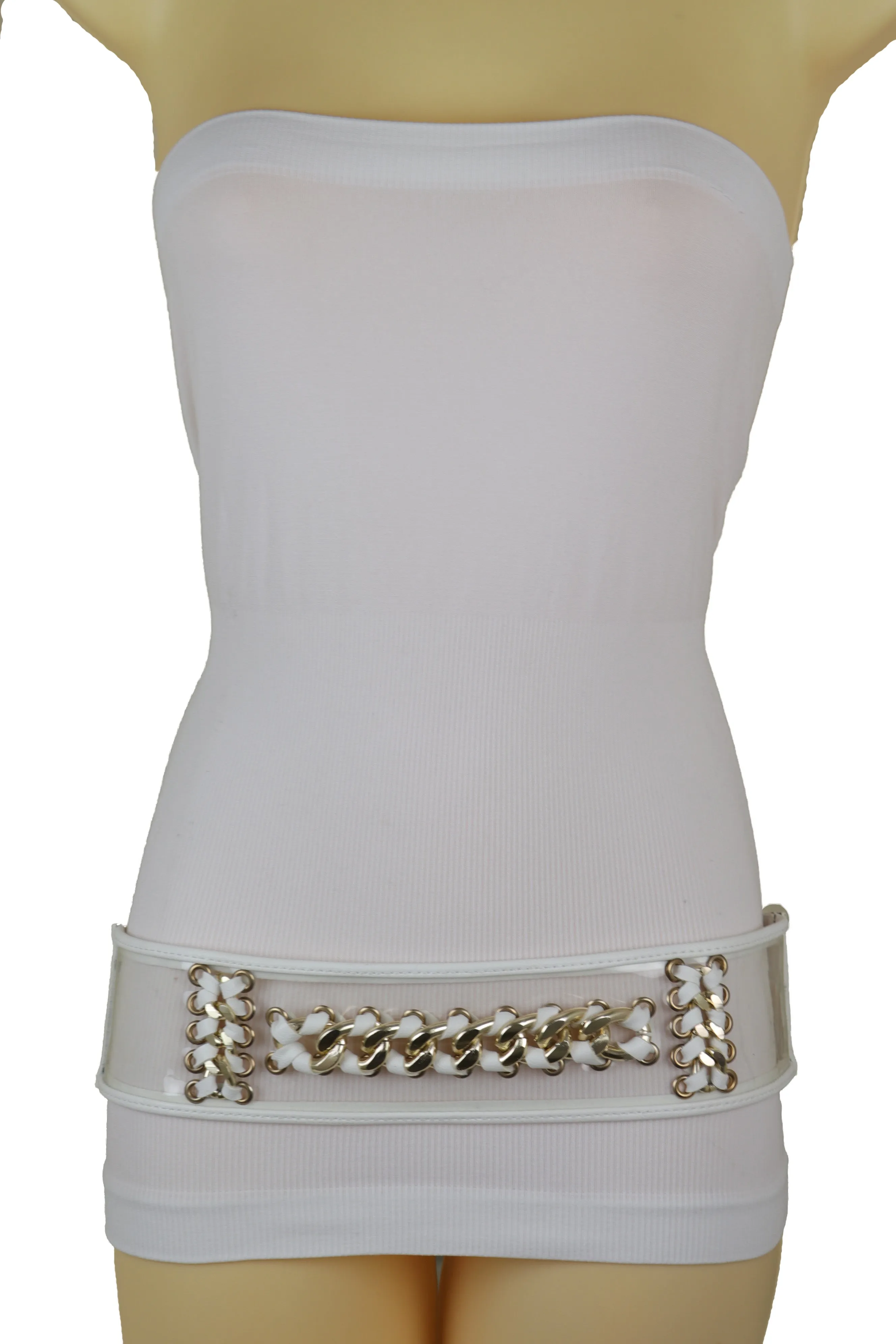 White Elastic Waistband Belt Gold Metal Chain Hip High Waist Size XS S