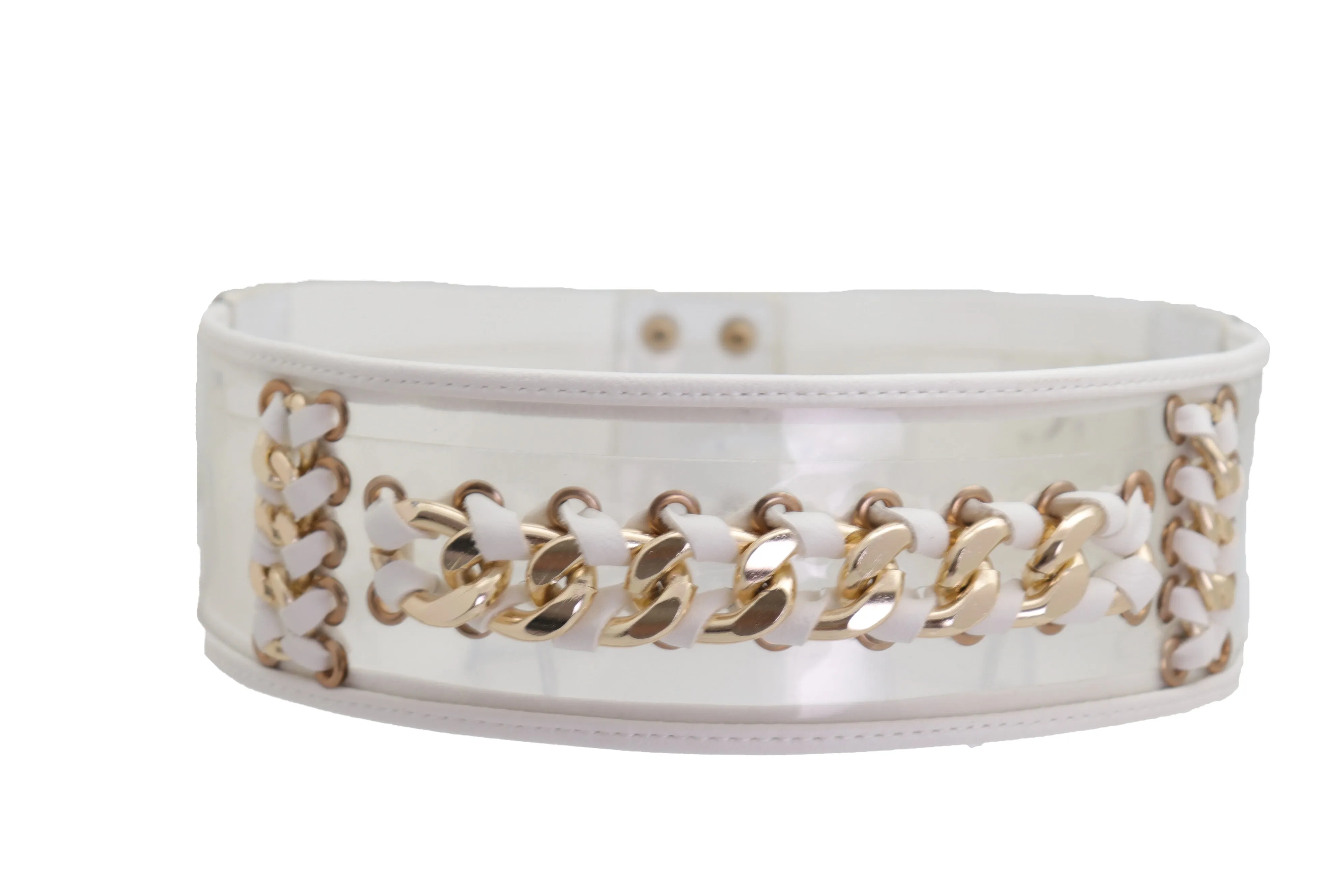 White Elastic Waistband Belt Gold Metal Chain Hip High Waist Size XS S