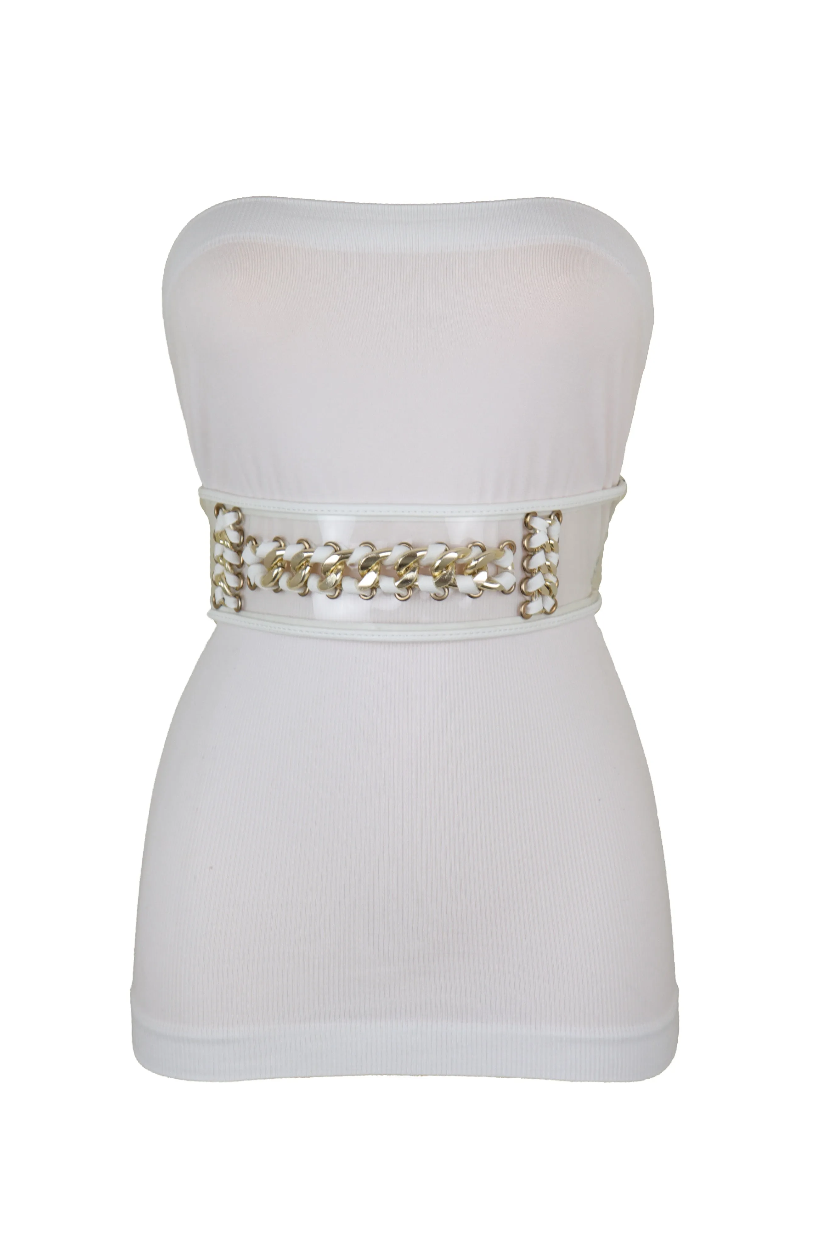 White Elastic Waistband Belt Gold Metal Chain Hip High Waist Size XS S