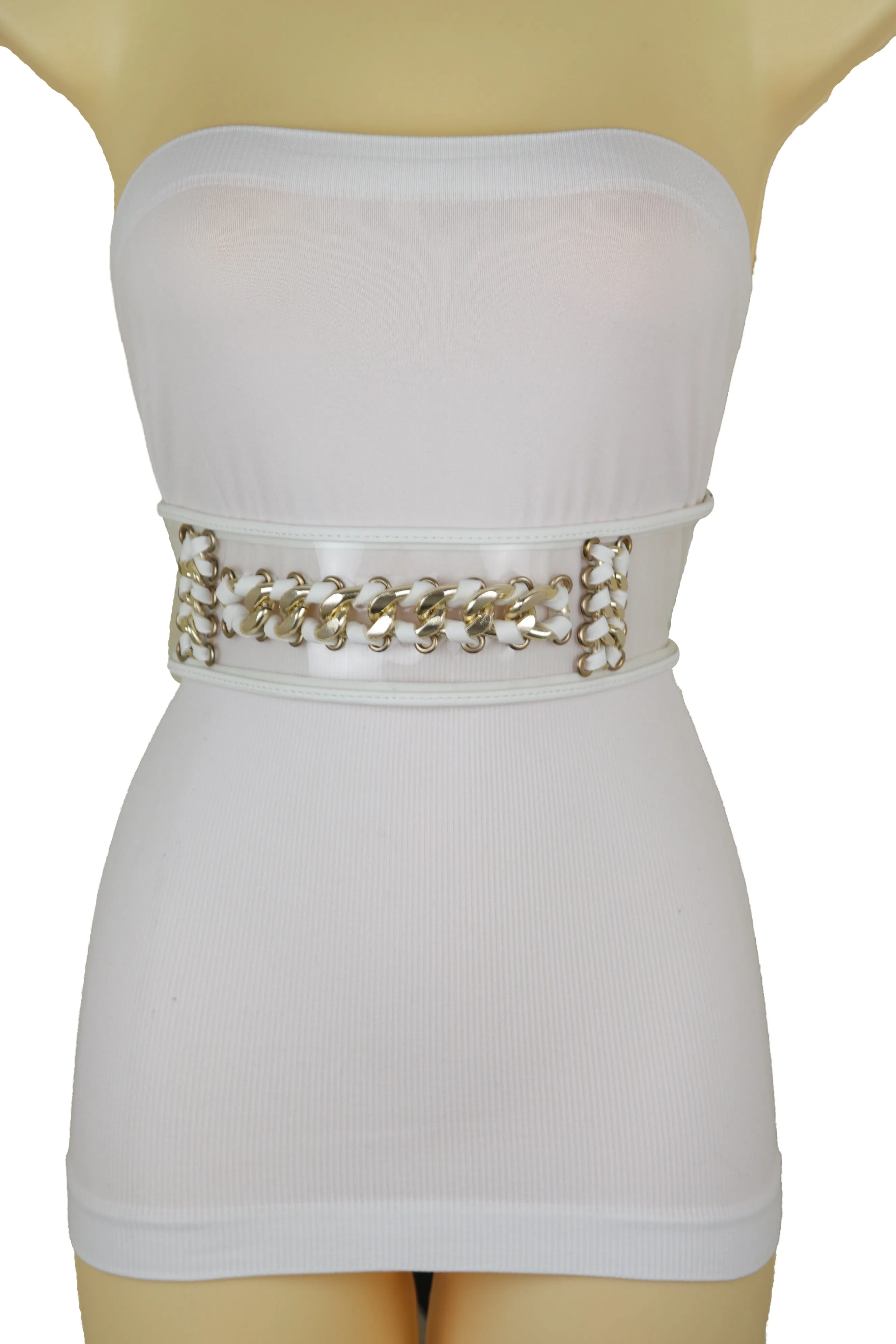 White Elastic Waistband Belt Gold Metal Chain Hip High Waist Size XS S