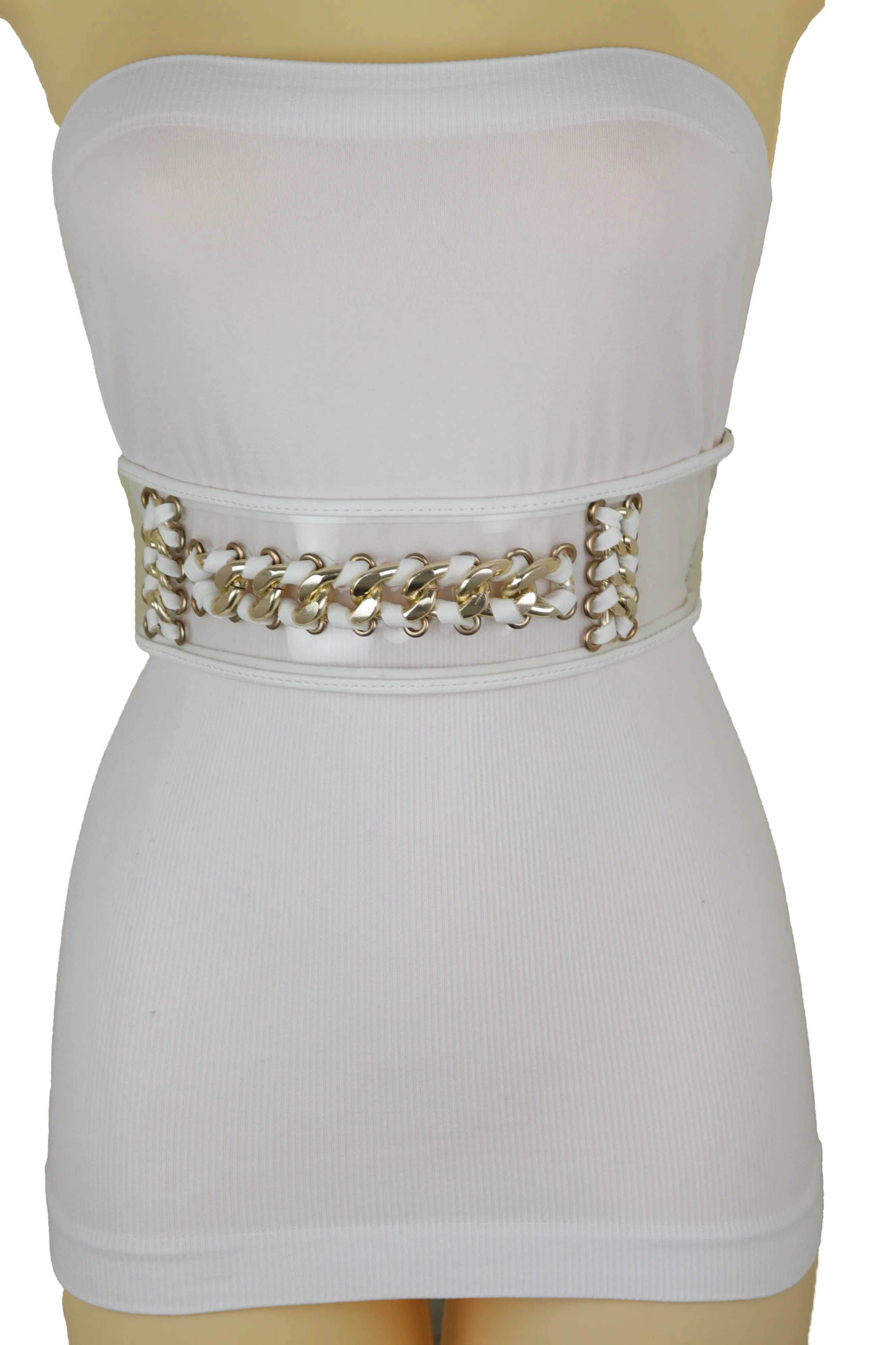 White Elastic Waistband Belt Gold Metal Chain Hip High Waist Size XS S