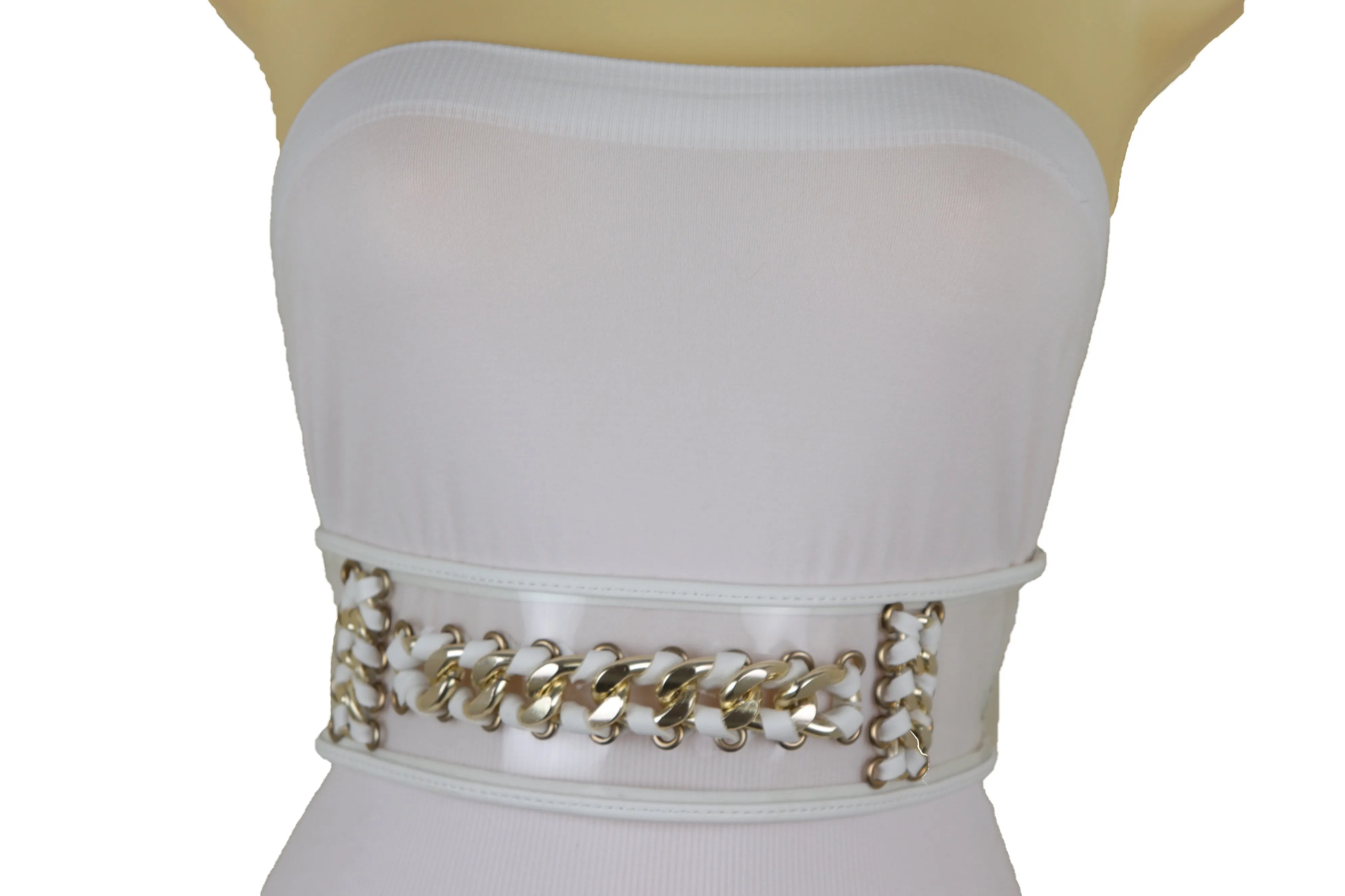 White Elastic Waistband Belt Gold Metal Chain Hip High Waist Size XS S