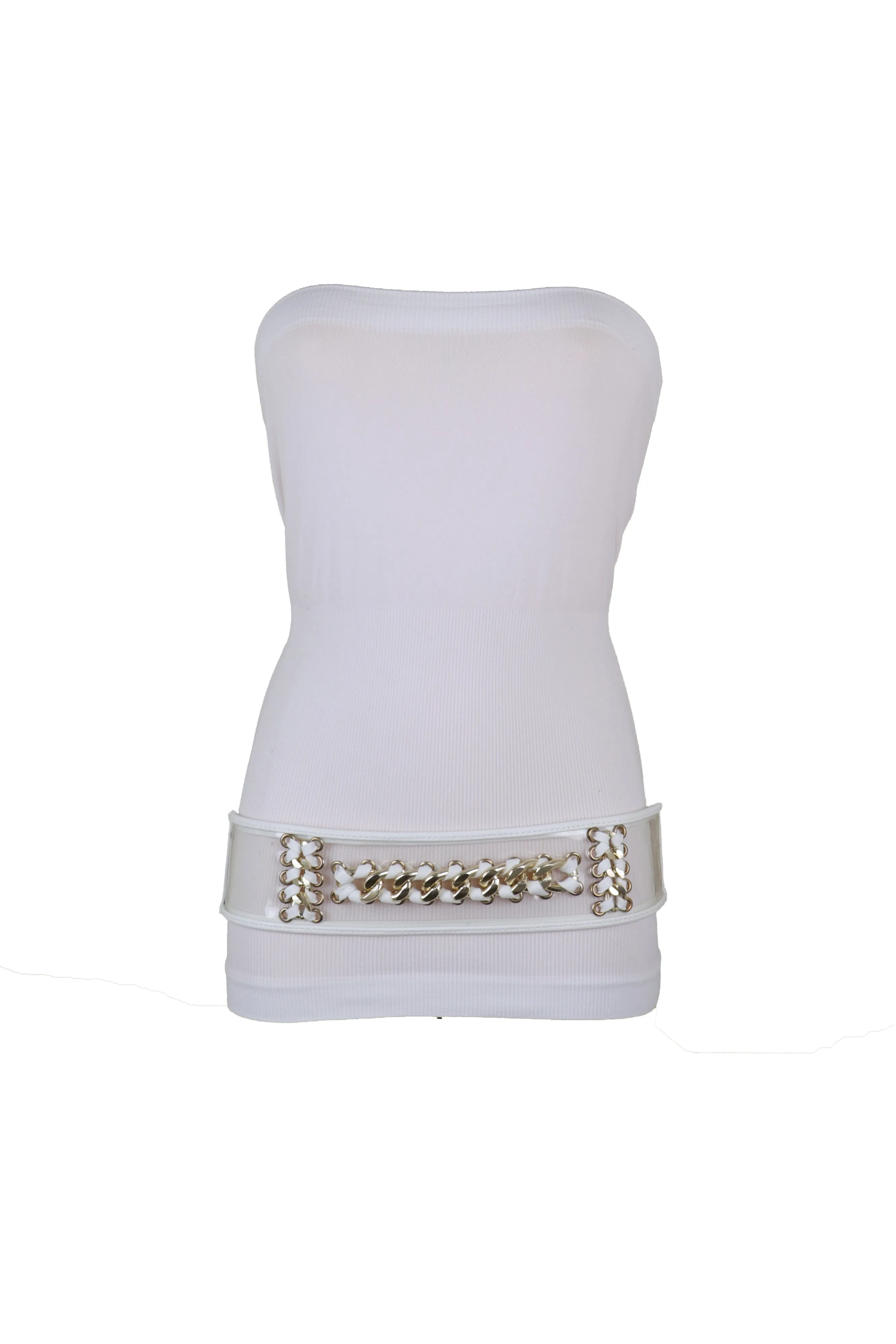 White Elastic Waistband Belt Gold Metal Chain Hip High Waist Size XS S
