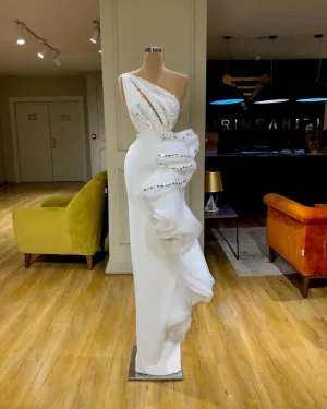 white elegant evening dresses long beaded modest mermaid one shoulder formal party dresses vestidos de fiesta