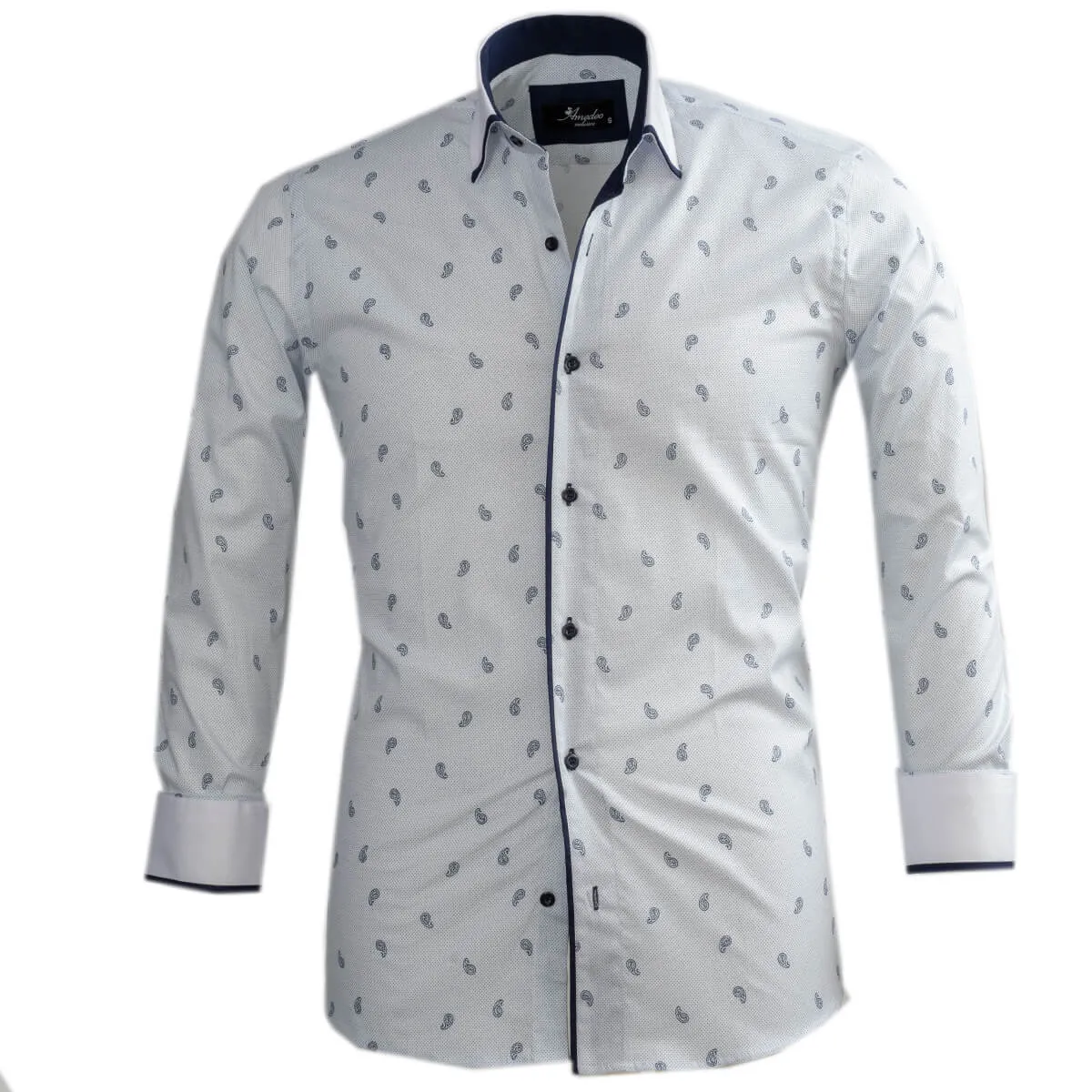 White Light Blue Paisley Mens Slim Fit Designer Dress Shirt - tailored Cotton Shirts for Work and