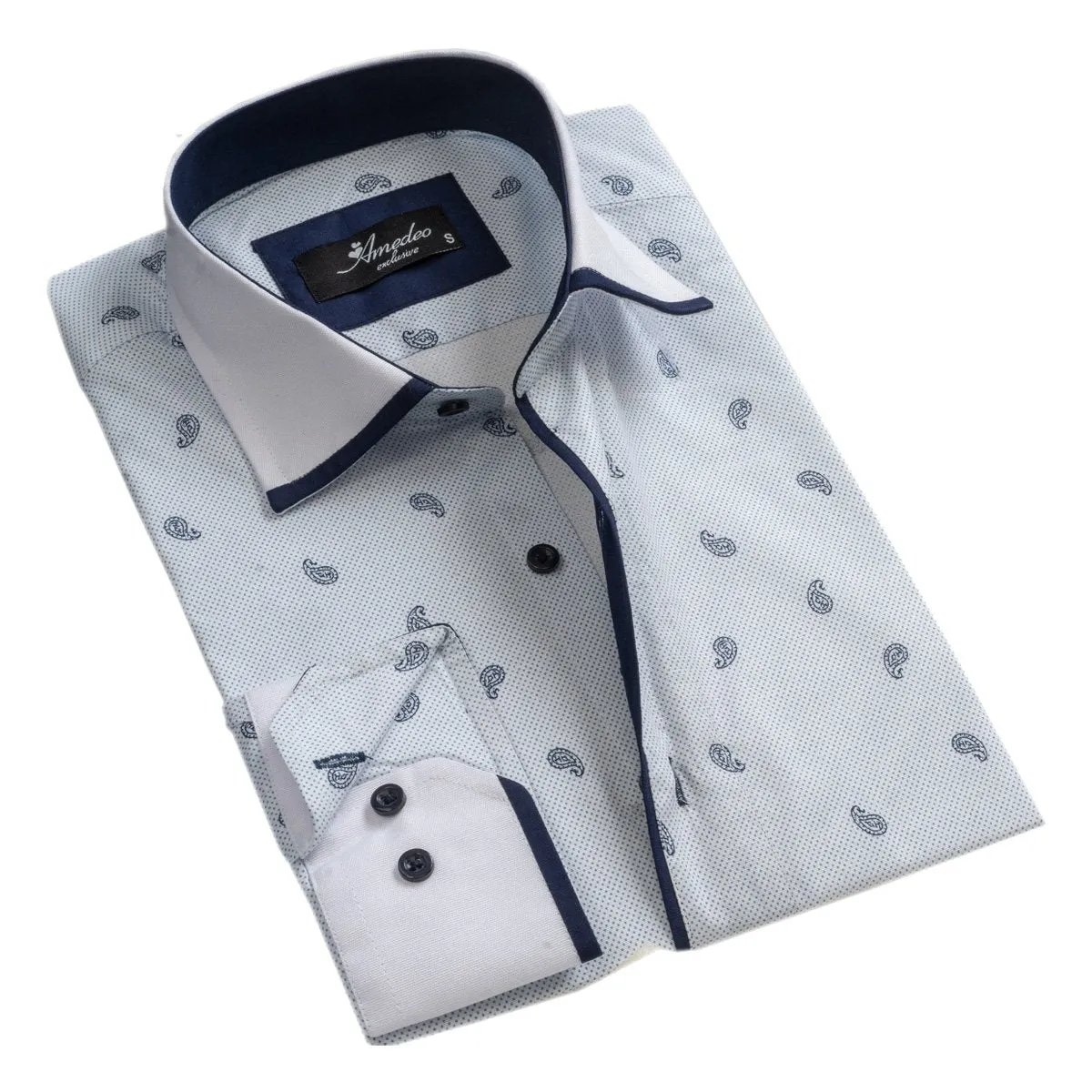 White Light Blue Paisley Mens Slim Fit Designer Dress Shirt - tailored Cotton Shirts for Work and
