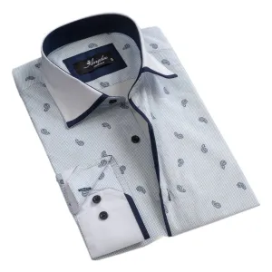 White Light Blue Paisley Mens Slim Fit Designer Dress Shirt - tailored Cotton Shirts for Work and