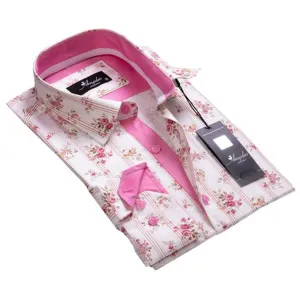 White Pink Striped Floral Mens Slim Fit Designer Dress Shirt - tailored Cotton Shirts for Work and Casual Wear