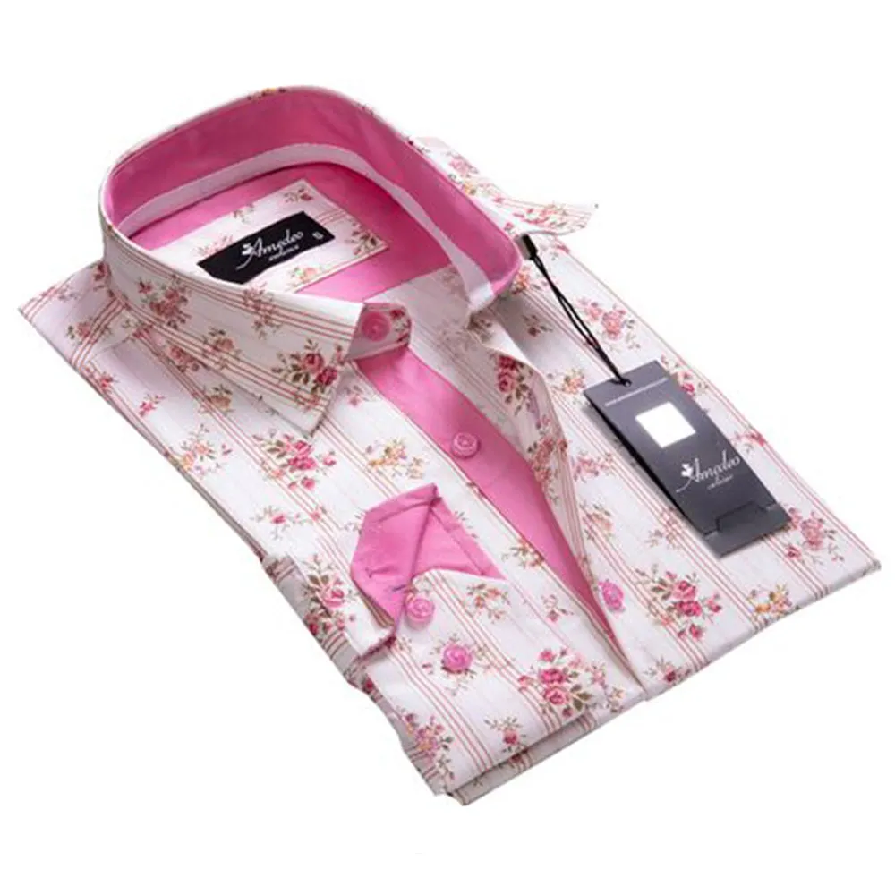 White Pink Striped Floral Mens Slim Fit Designer Dress Shirt - tailored Cotton Shirts for Work and Casual Wear
