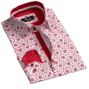 White Red Floral Mens Slim Fit Designer Dress Shirt - tailored Cotton Shirts for Work and Casual