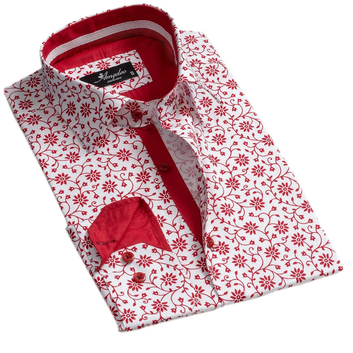 White Red Floral Mens Slim Fit Designer Dress Shirt - tailored Cotton Shirts for Work and Casual