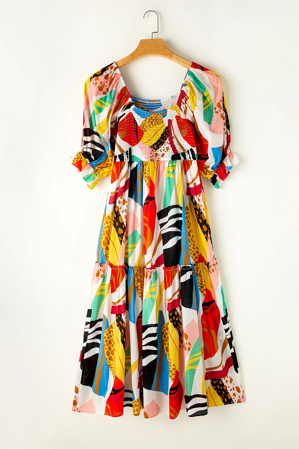 White Square Neck Smocked Abstract Print Boho Maxi Dress