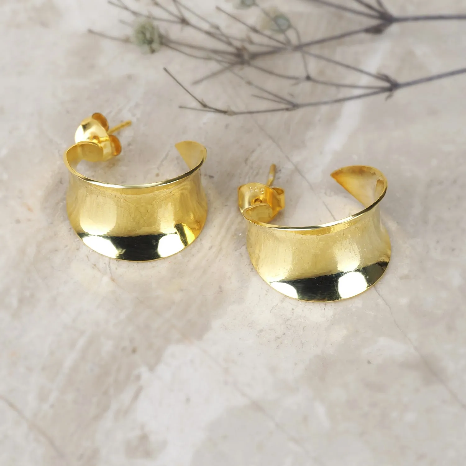 Wide Huggie Stud Hoops Silver Earrings with Gold Overlay