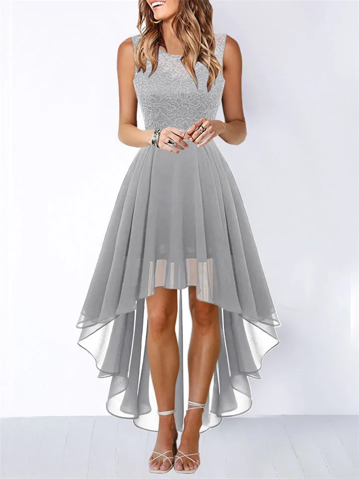 Women's Lace Splicing Round Neck Backless Chiffon Elegant Dress