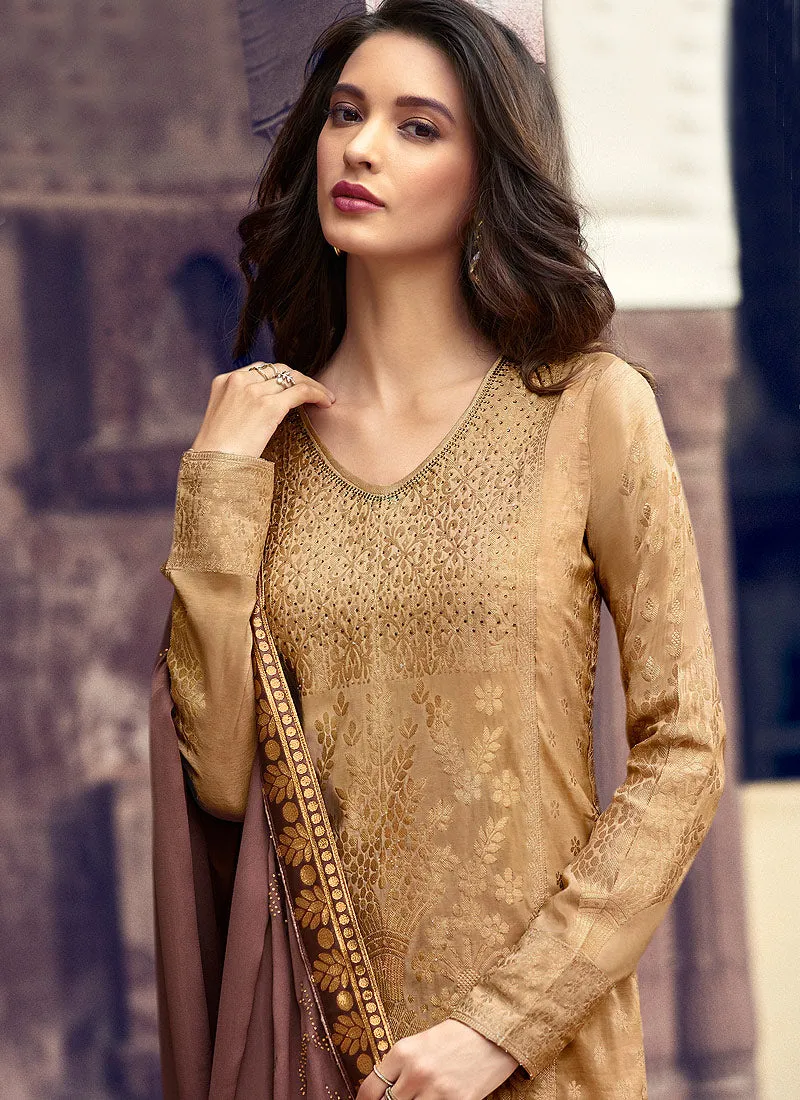 Yellow And Brown Silk Palazzos Pant Suit