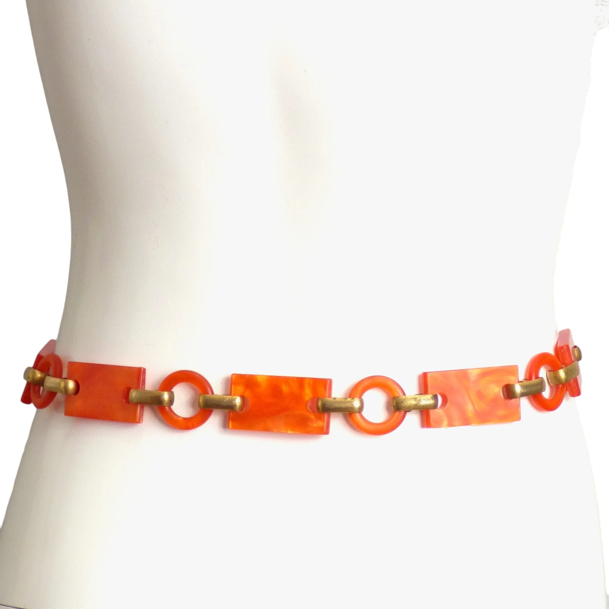 YVES SAINT LAURENT- c.1970 Marbled Orange Lucite Chain Belt