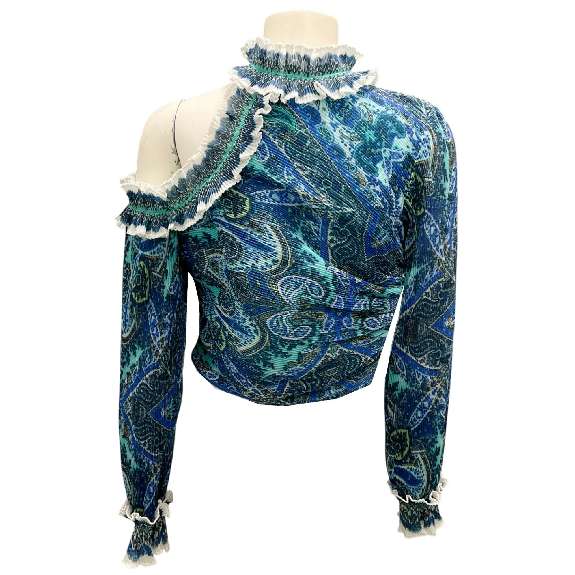 Zimmermann Blue Plisse Moncur Ruffle Neck Crop Top