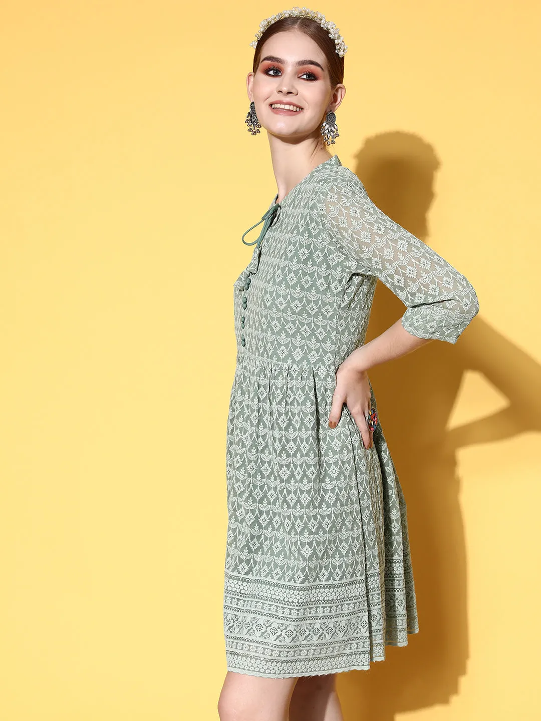 Zola Georgette Mandarin Collar Mehandi Chikankari Embroidery with Sequin Work Midy for Women