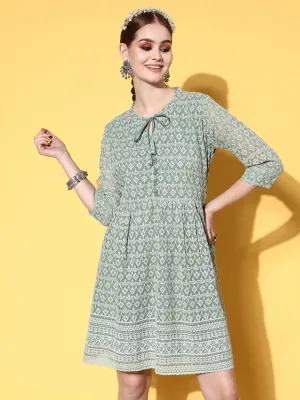 Zola Georgette Mandarin Collar Mehandi Chikankari Embroidery with Sequin Work Midy for Women