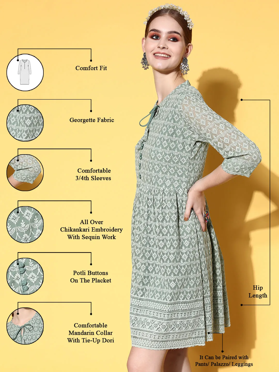 Zola Georgette Mandarin Collar Mehandi Chikankari Embroidery with Sequin Work Midy for Women