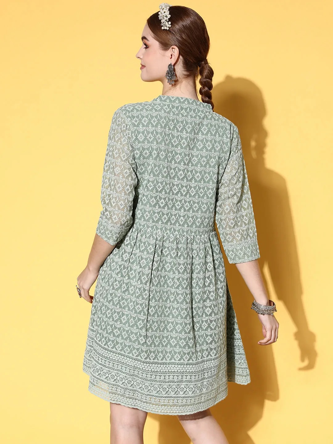 Zola Georgette Mandarin Collar Mehandi Chikankari Embroidery with Sequin Work Midy for Women