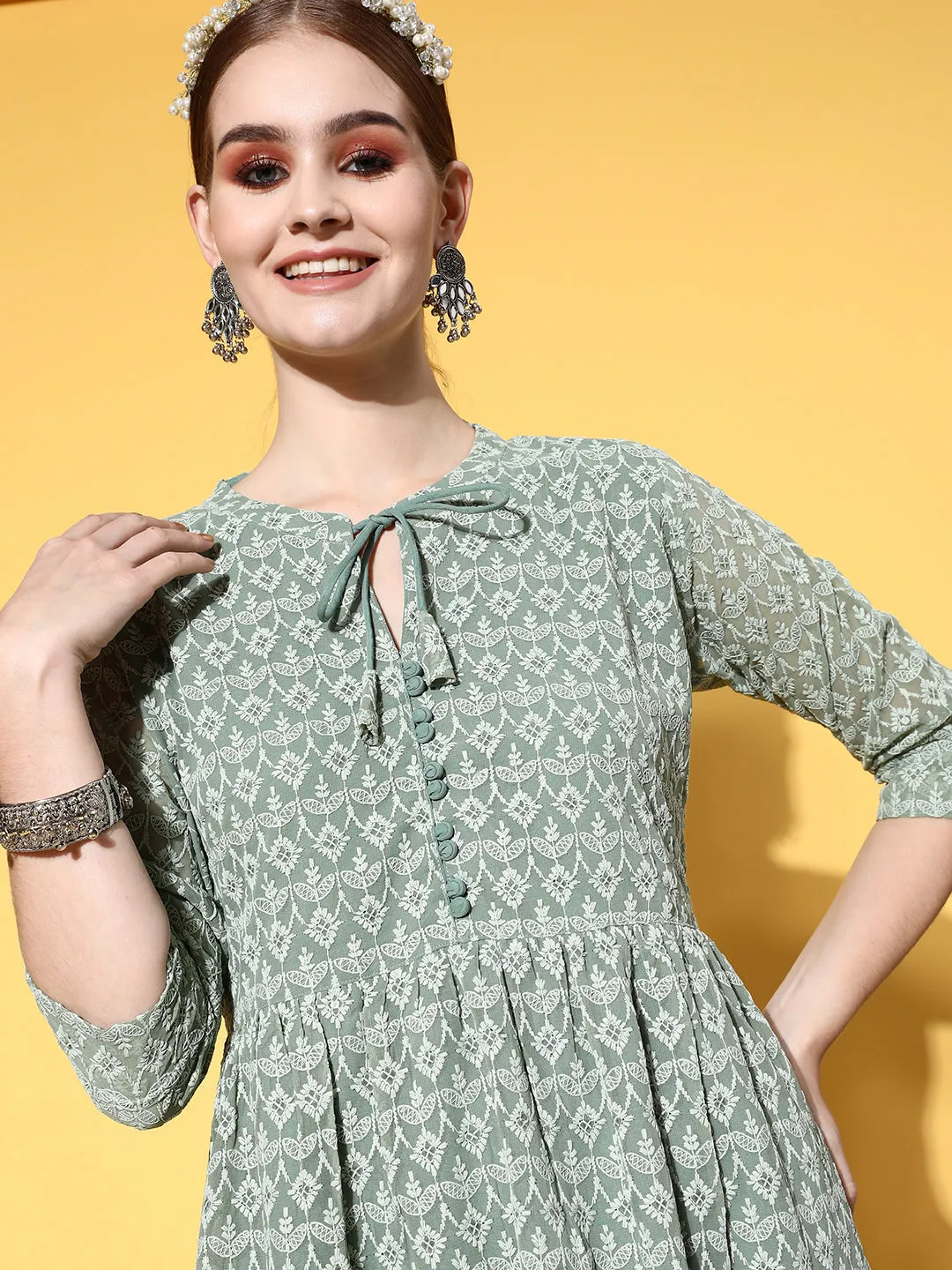 Zola Georgette Mandarin Collar Mehandi Chikankari Embroidery with Sequin Work Midy for Women